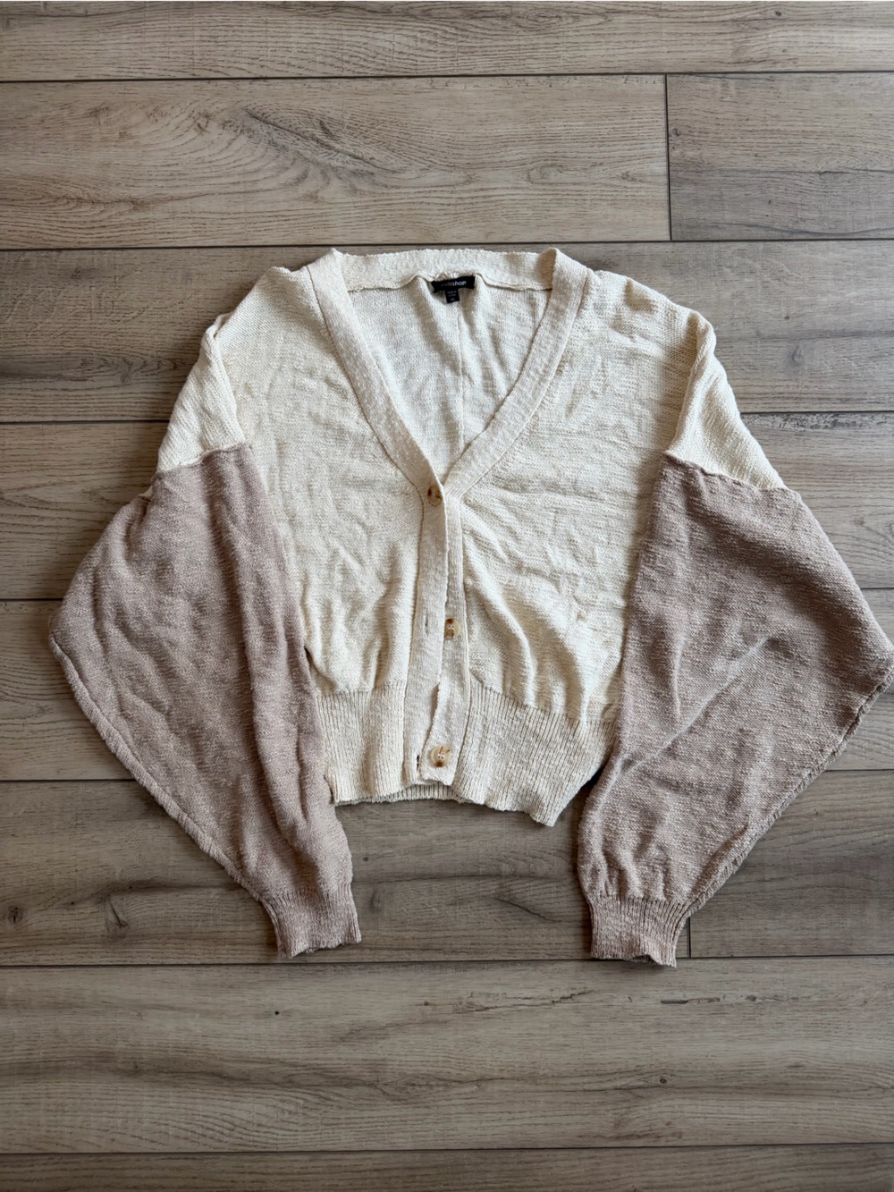 Two-Tone Knit Button-Front Cardigan - Cream & Taupe